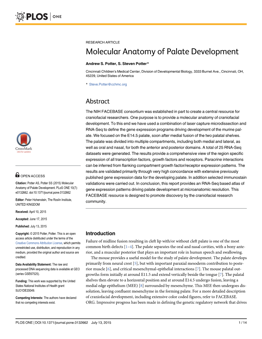Molecular Anatomy of Palate Development