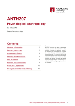 ANTH207 Psychological Anthropology S2 Day 2016