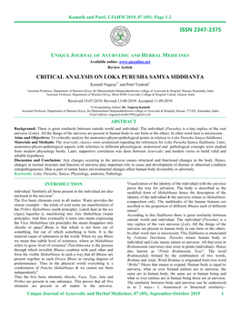 Issn 2347-2375 Critical Analysis on Loka Purusha