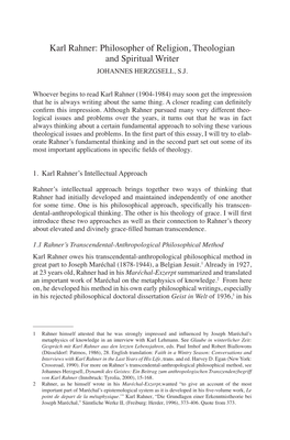 Karl Rahner: Philosopher of Religion, Theologian and Spiritual Writer Johannes Herzgsell, S .J