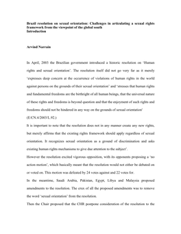 Brazil Resolution on Sexual Orientation: Challenges in Articulating a Sexual Rights Framework from the Viewpoint of the Global South Introduction