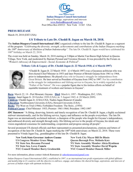 US Tribute to Late Dr. Cheddi B. Jagan on March 18, 2018