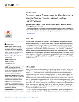 Environmental DNA Assays for the Sister Taxa Sauger (Sander Canadensis) and Walleye (Sander Vitreus)