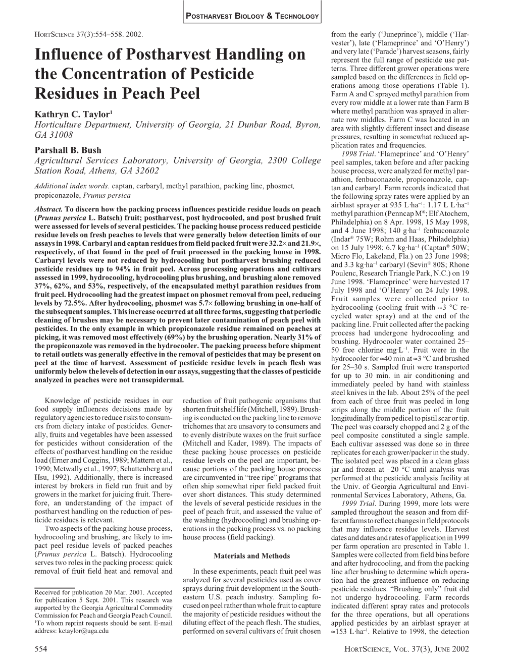 Influence of Postharvest Handling on the Concentration of Pesticide