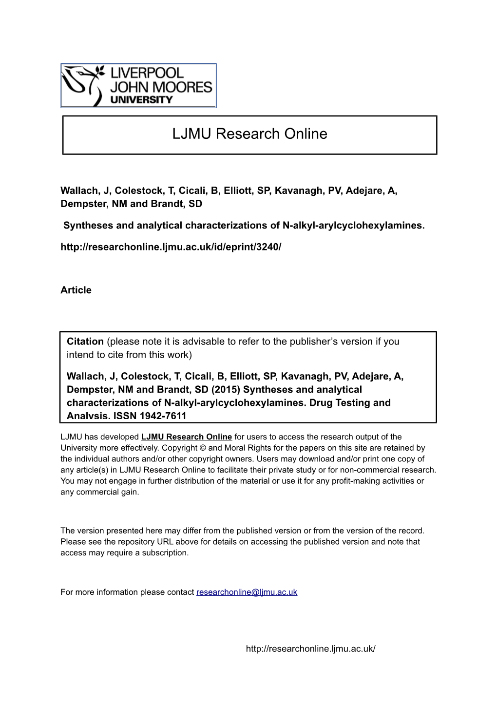 Syntheses and Analytical Characterizations of N-Alkyl-Arylcyclohexylamines