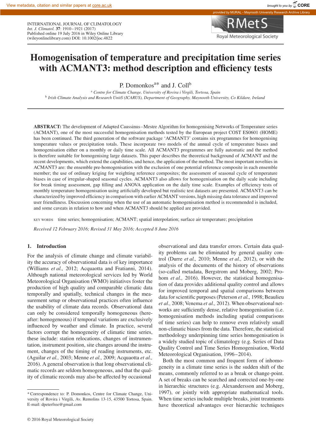 Homogenisation of Temperature and Precipitation Time Series with ACMANT3: Method Description and Efficiency Tests