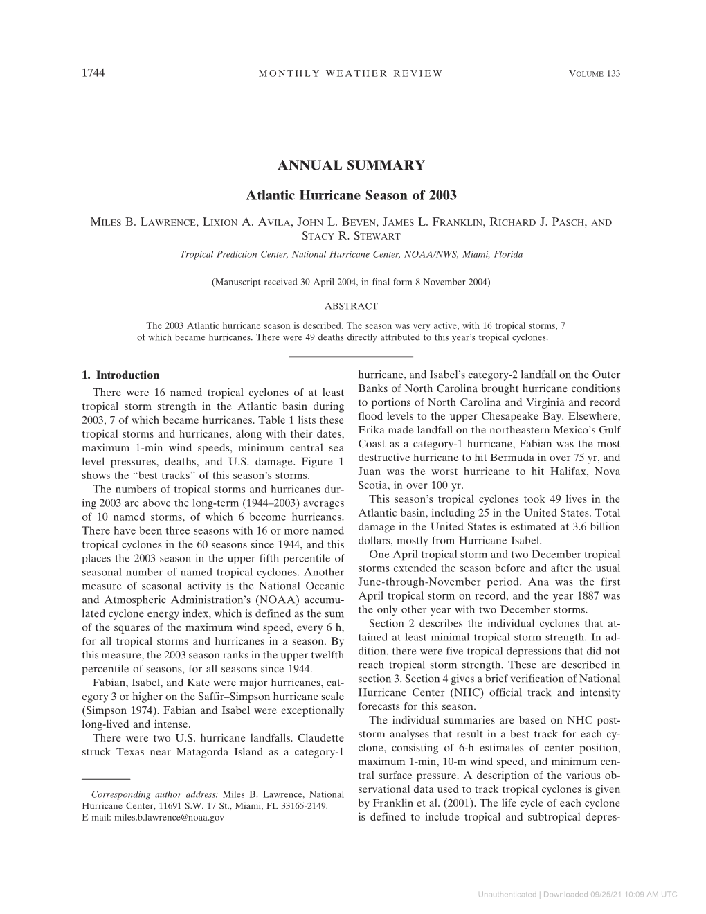 ANNUAL SUMMARY Atlantic Hurricane Season of 2003