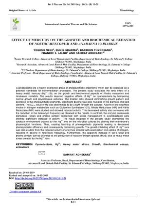 Effect of Mercury on the Growth and Biochemical Behavior of Nostoc Muscorum and Anabaena Variabilis