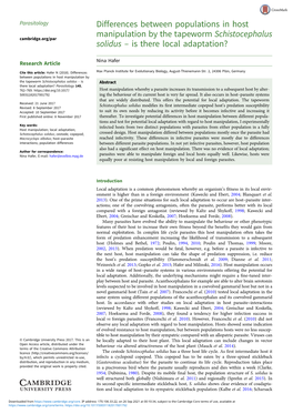 Differences Between Populations in Host Manipulation by the Tapeworm Schistocephalus Cambridge.Org/Par Solidus – Is There Local Adaptation?