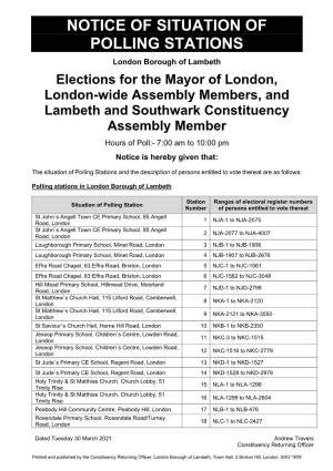 Notice of Situation of Polling Stations Lambeth and Southwark