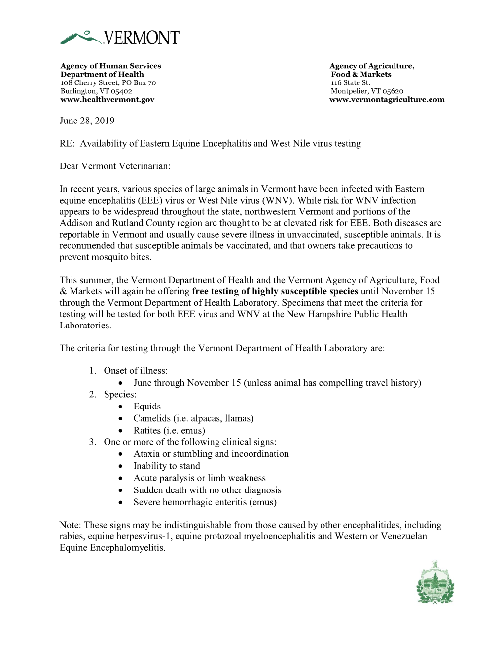 Availability of Eastern Equine Encephalitis and West Nile Virus Testing