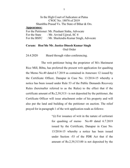 In the High Court of Judicature at Patna CWJC No. 18076 of 2019 Shambhu Prasad Vs. the State of Bihar & Ors. Appearance: Fo