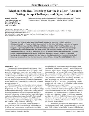 Telephonic Medical Toxicology Service in a Low- Resource Setting: Setup, Challenges, and Opportunities