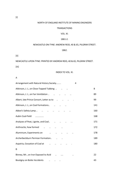 [I] NORTH of ENGLAND INSTITUTE of MINING ENGINEERS TRANSACTIONS VOL. XI. 1861-2. NEWCASTLE-ON-TYNE: ANDREW REID, 40 & 65, PI