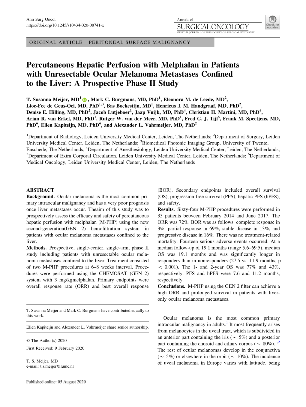 Percutaneous Hepatic Perfusion with Melphalan in Patients with Unresectable Ocular Melanoma Metastases Conﬁned to the Liver: a Prospective Phase II Study