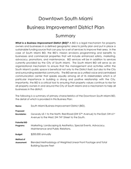 Downtown South Miami Business Improvement District Plan Summary