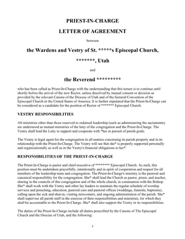 PRIEST-IN-CHARGE LETTER of AGREEMENT the Wardens and Vestry of St. *****S Episcopal Church, *******, Utah the Reverend