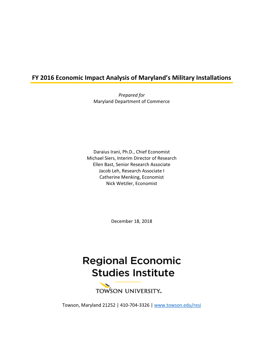 FY 2016 Economic Impact Analysis of Maryland's Military Installations