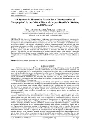 “A Systematic Theoretical Matrix for a Deconstruction of Metaphysics” in the Critical Work of Jacques Derrida’S “Writing and Difference”
