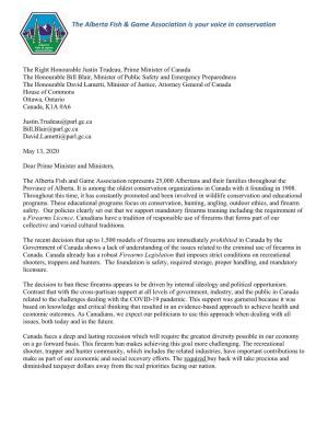 AFGA Letter to Prime Minister Trudeau Regarding Firearm Legislation