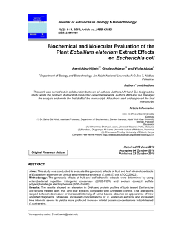Biochemical and Molecular Evaluation of the Plant Ecballium Elaterium Extract Effects on Escherichia Coli