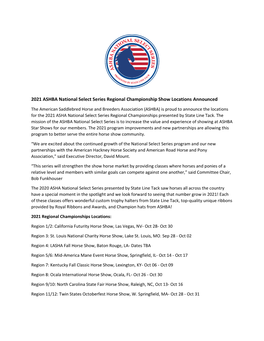 2021 ASHBA National Select Series Regional Championship Show Locations Announced