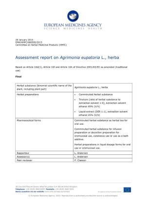 Assessment Report on Agrimonia Eupatoria L., Herba