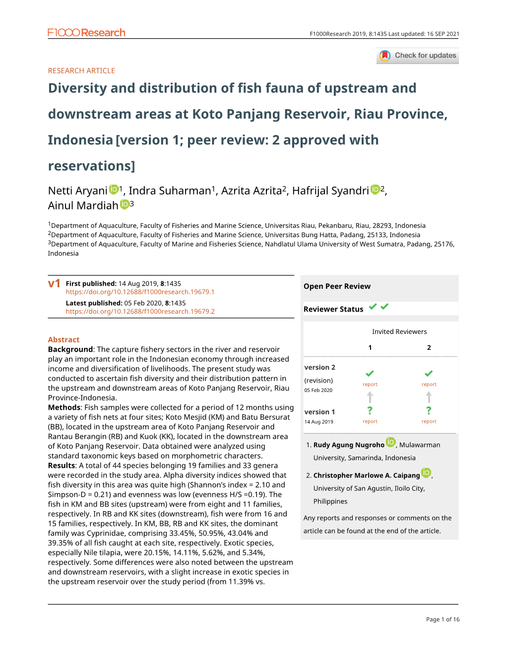 Diversity and Distribution of Fish Fauna of Upstream and Downstream Areas at Koto Panjang Reservoir, Riau Province, Indonesia[Ve