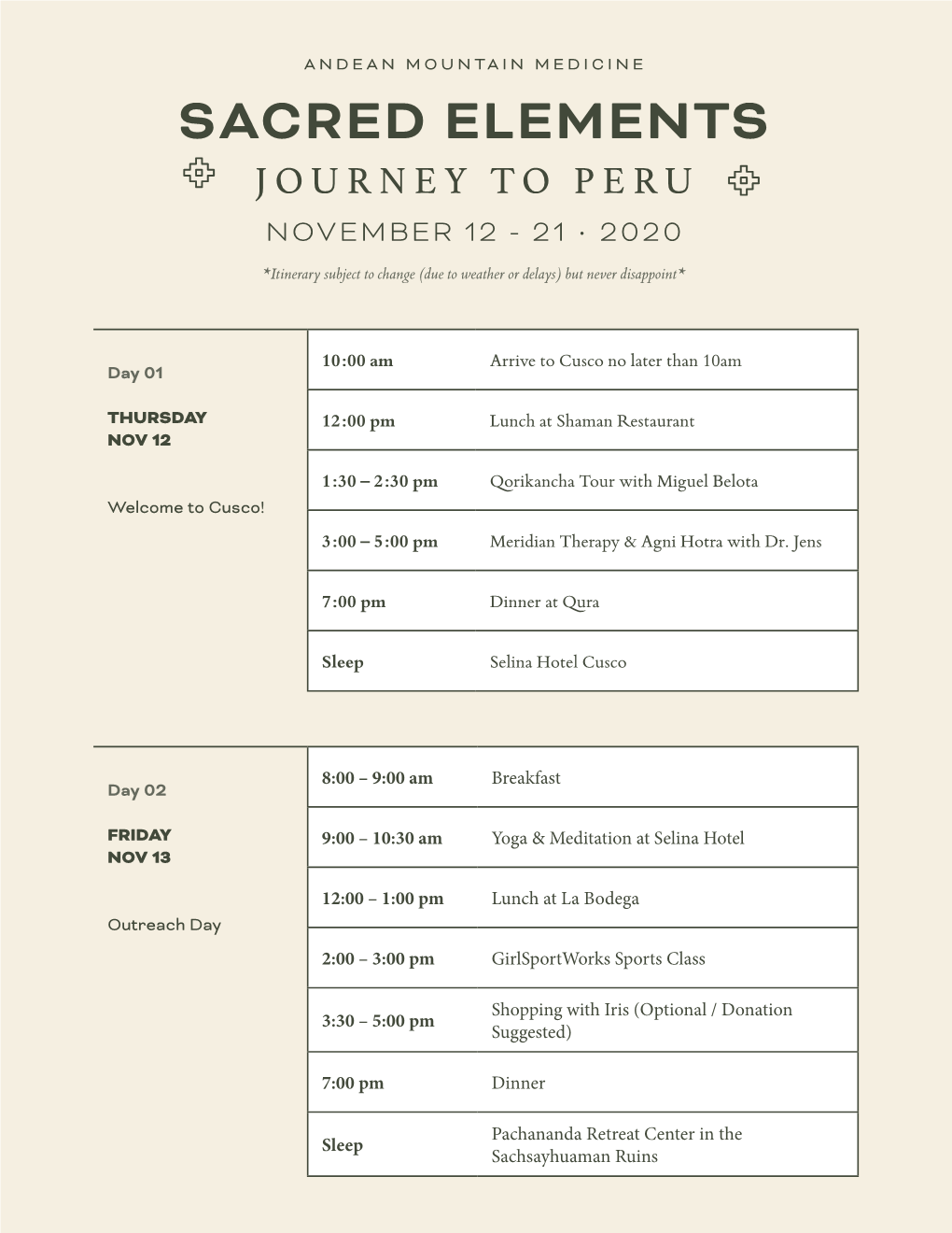 Sacred Elements Journey to Peru November 12 - 21 • 2020
