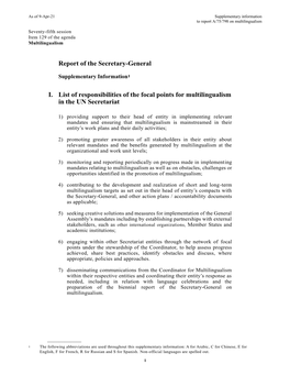 Report of the Secretary-General I. List of Responsibilities of the Focal Points
