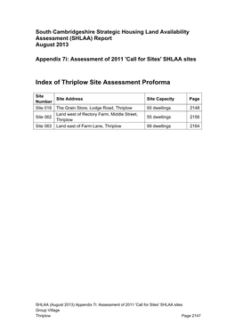 Index of Thriplow Site Assessment Proforma