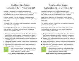 Creation Care Season September 30 – November 30 Creation Care