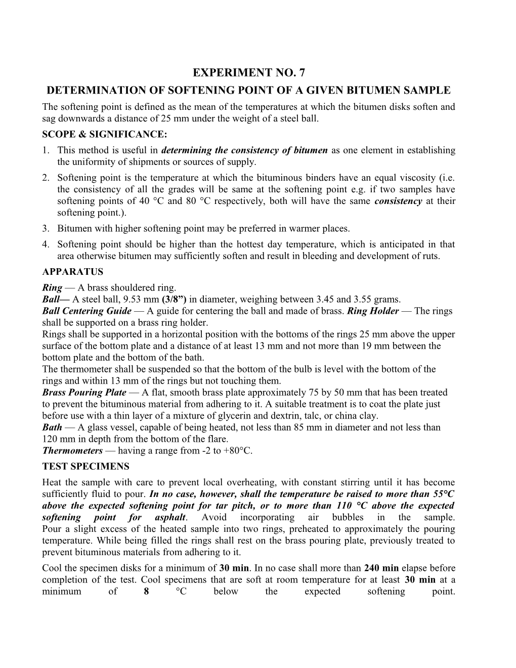 Determination of Softening Point of a Given Bitumen Sample