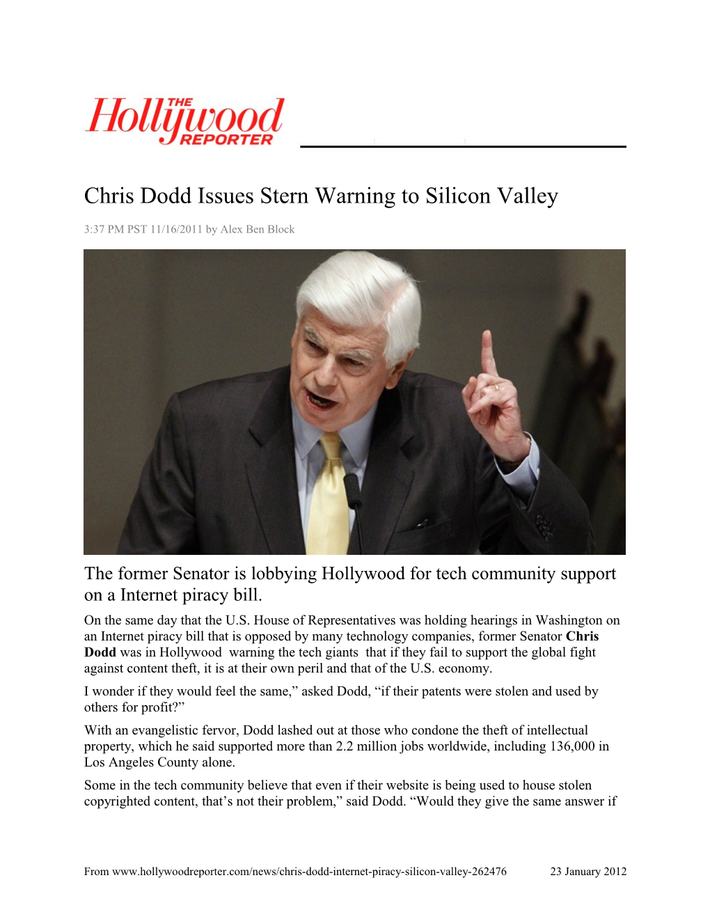 Chris Dodd Issues Stern Warning to Silicon Valley