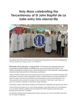Holy Mass Celebrating the Tercentenary of St John Baptist De La Salle Entry Into Eternal Life