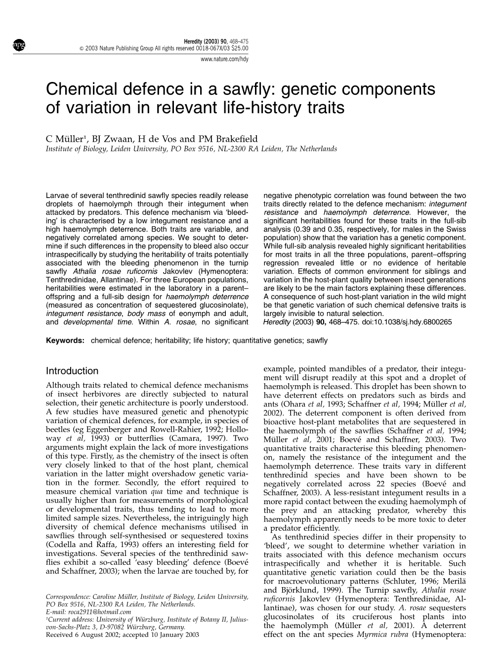 Chemical Defence in a Sawfly