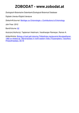 Biology of Leaf Gall-Inducing Thlibothrips Manipurenis Muraleedharan, 1982 on Ardisia Sp