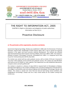 THE RIGHT to INFORMATION ACT, 2005 CHAPTER II (Right to Information and Obligations of Public Authorities) Information As Para 4(1) B