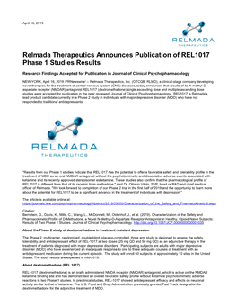 Relmada Therapeutics Announces Publication of REL1017 Phase 1 Studies Results