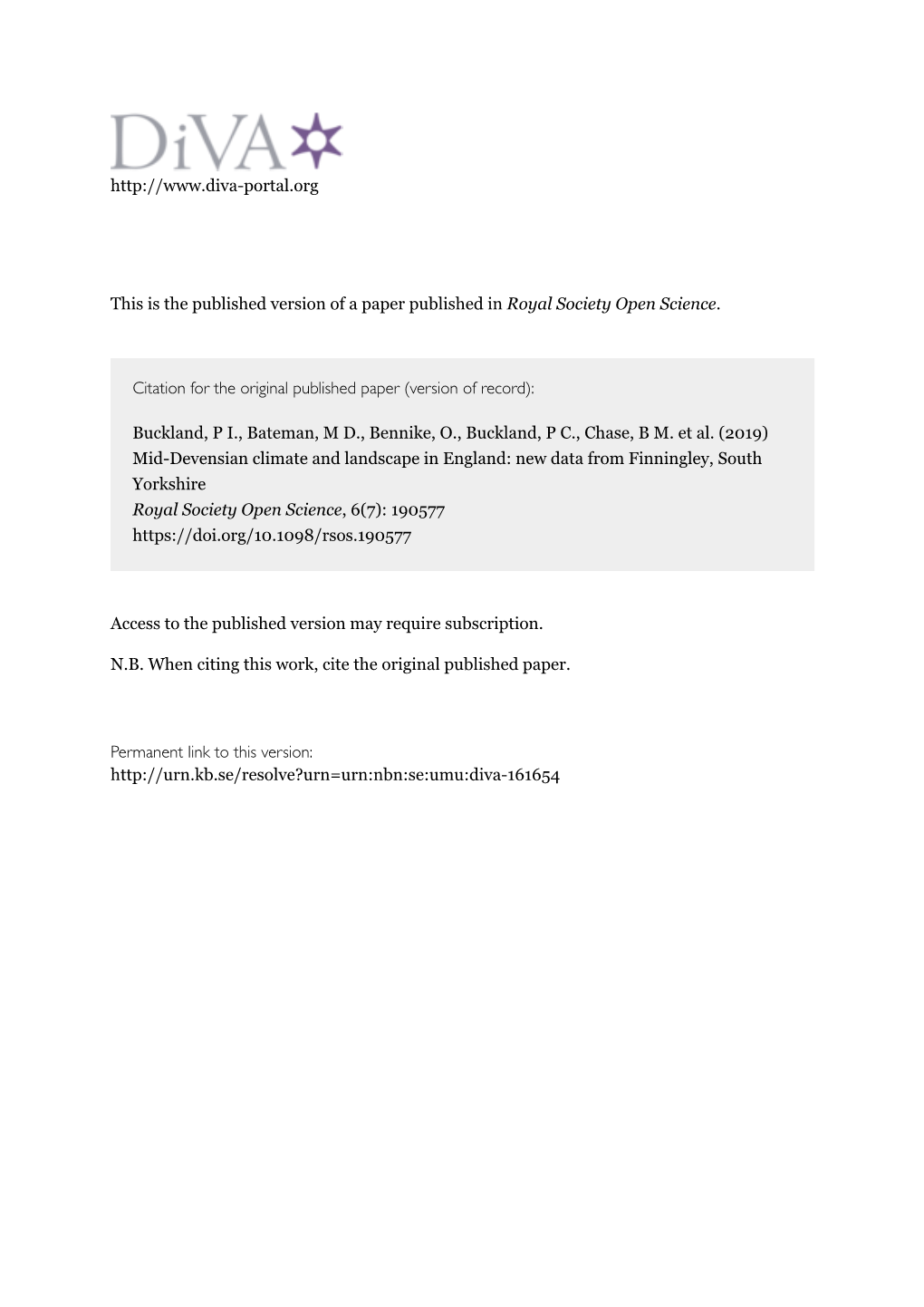 Mid-Devensian Climate and Landscape in England: New Data from Finningley, South Yorkshire Royal Society Open Science, 6(7): 190577