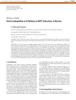 Review Article Oral Leukoplakia As It Relates to HPV Infection: a Review