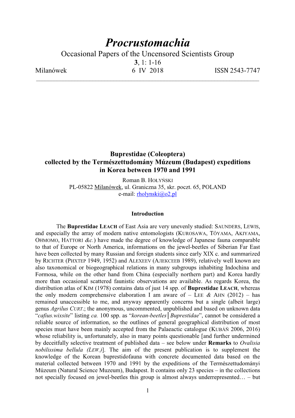 Buprestidae (Coleoptera) Collected by the Természettudomány Múzeum (Budapest) Expeditions in Korea Between 1970 and 1991 Roman B