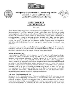 New Jersey Department of Community Affairs Division of Codes and Standards FORECLOSURES TENANT's RIGHTS