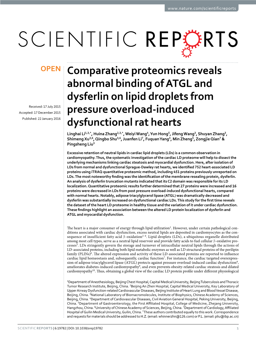 Comparative Proteomics Reveals Abnormal Binding of ATGL and Dysferlin on Lipid Droplets from Pressure Overload-Induced Dysfunctional Rat Hearts