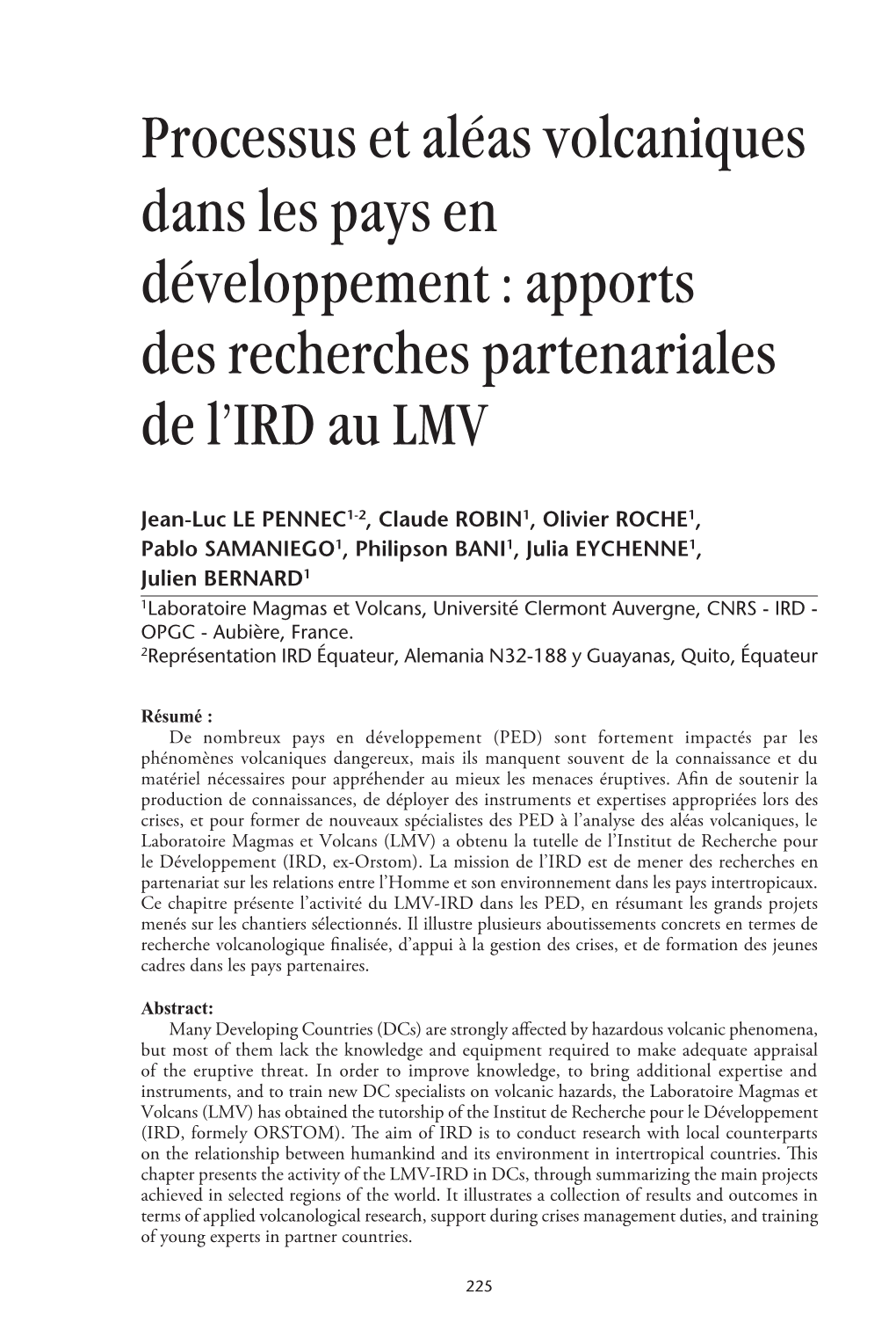 Processus Et Aléas Volcaniques Dans Les Pays En Développement : Apports Des Recherches Partenariales De L’IRD Au LMV