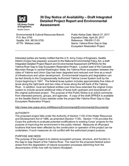 30 Day Notice of Availability – Draft Integrated Detailed Project Report and Environmental Assessment