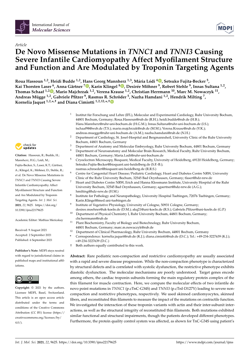 De Novo Missense Mutations in TNNC1 and TNNI3 Causing Severe