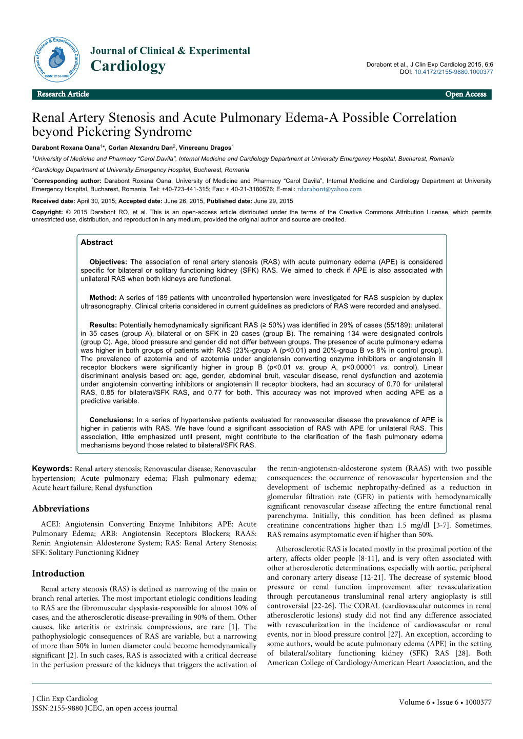 Renal Artery Stenosis and Acute Pulmonary Edema-A Possible