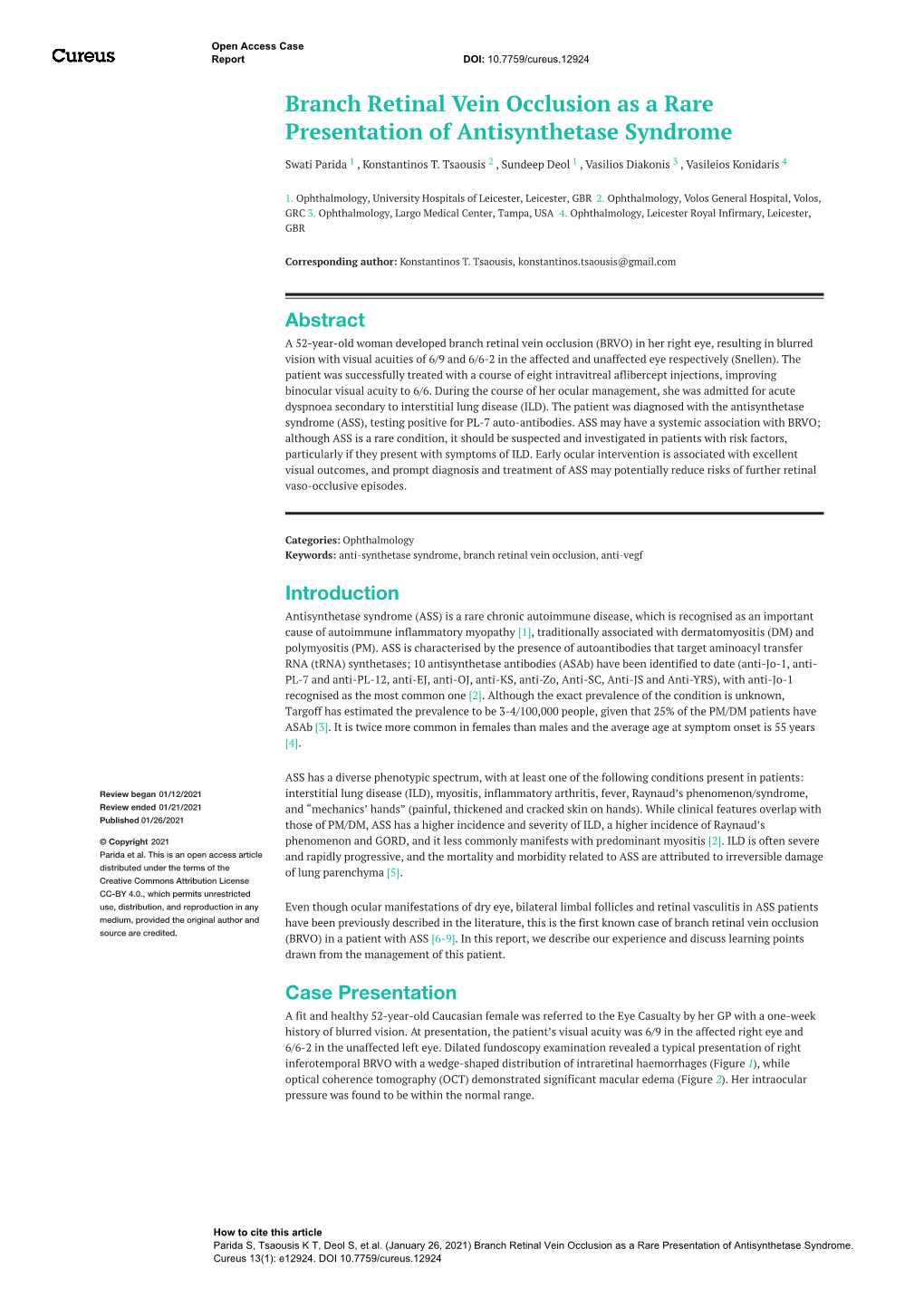 Branch Retinal Vein Occlusion As a Rare Presentation of Antisynthetase Syndrome