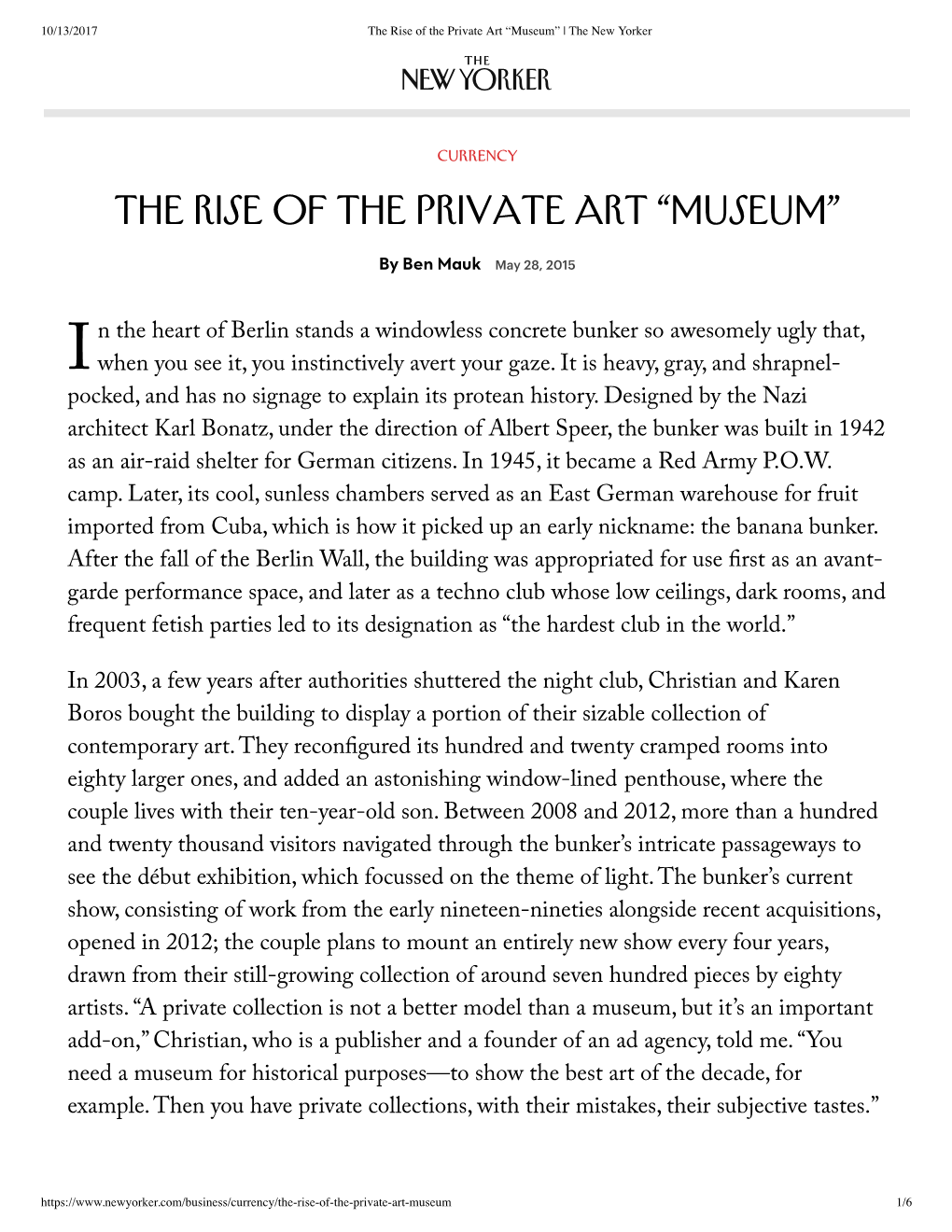 Ben Mauk, the Rise of the Private Art “Museum” (The New Yorker)